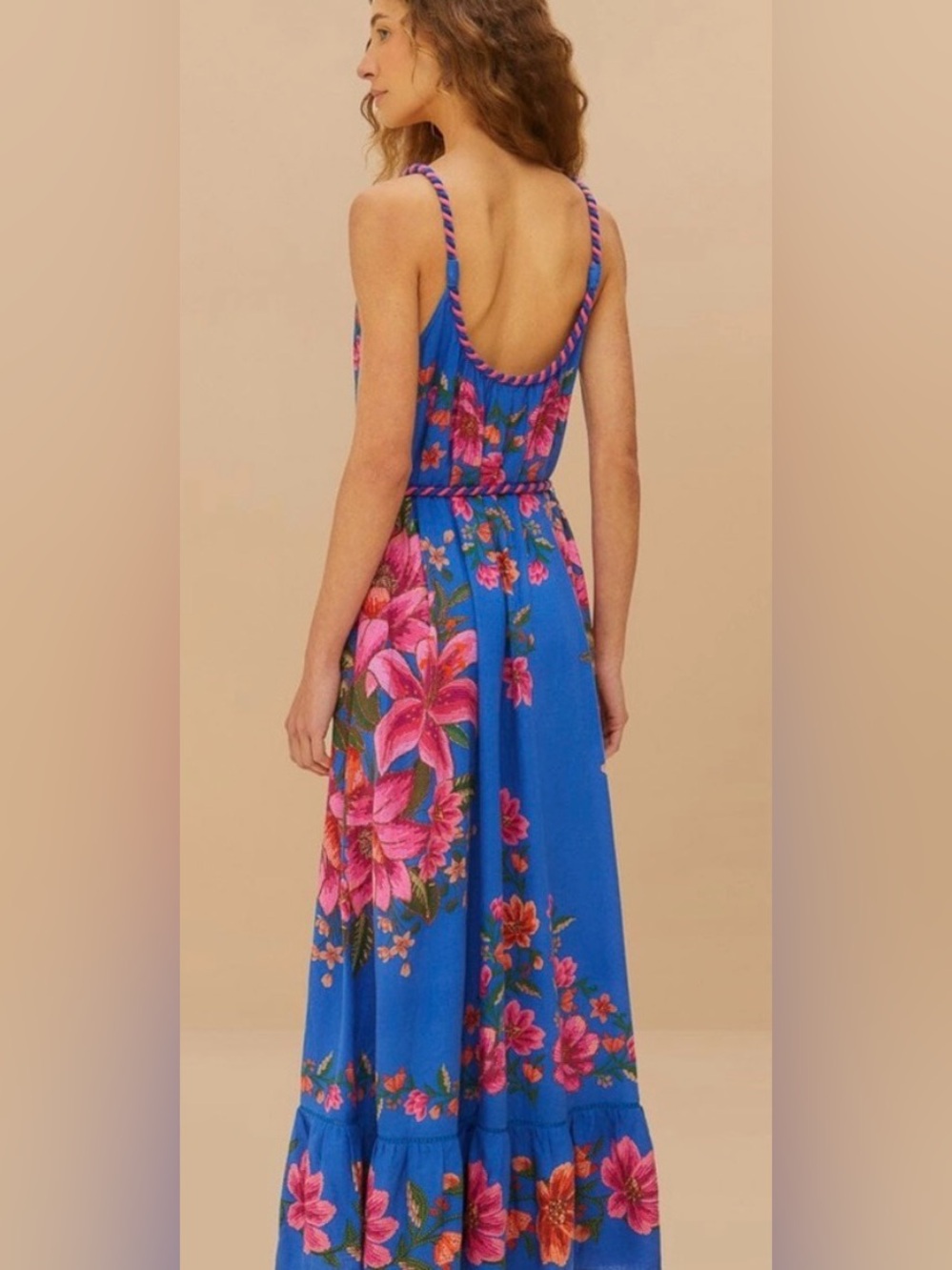 FARM Rio Blue Floral Braided Rope Tie LENZING™ ECOVERO Euroflax Maxi Dress XL - Picture 3 of 5